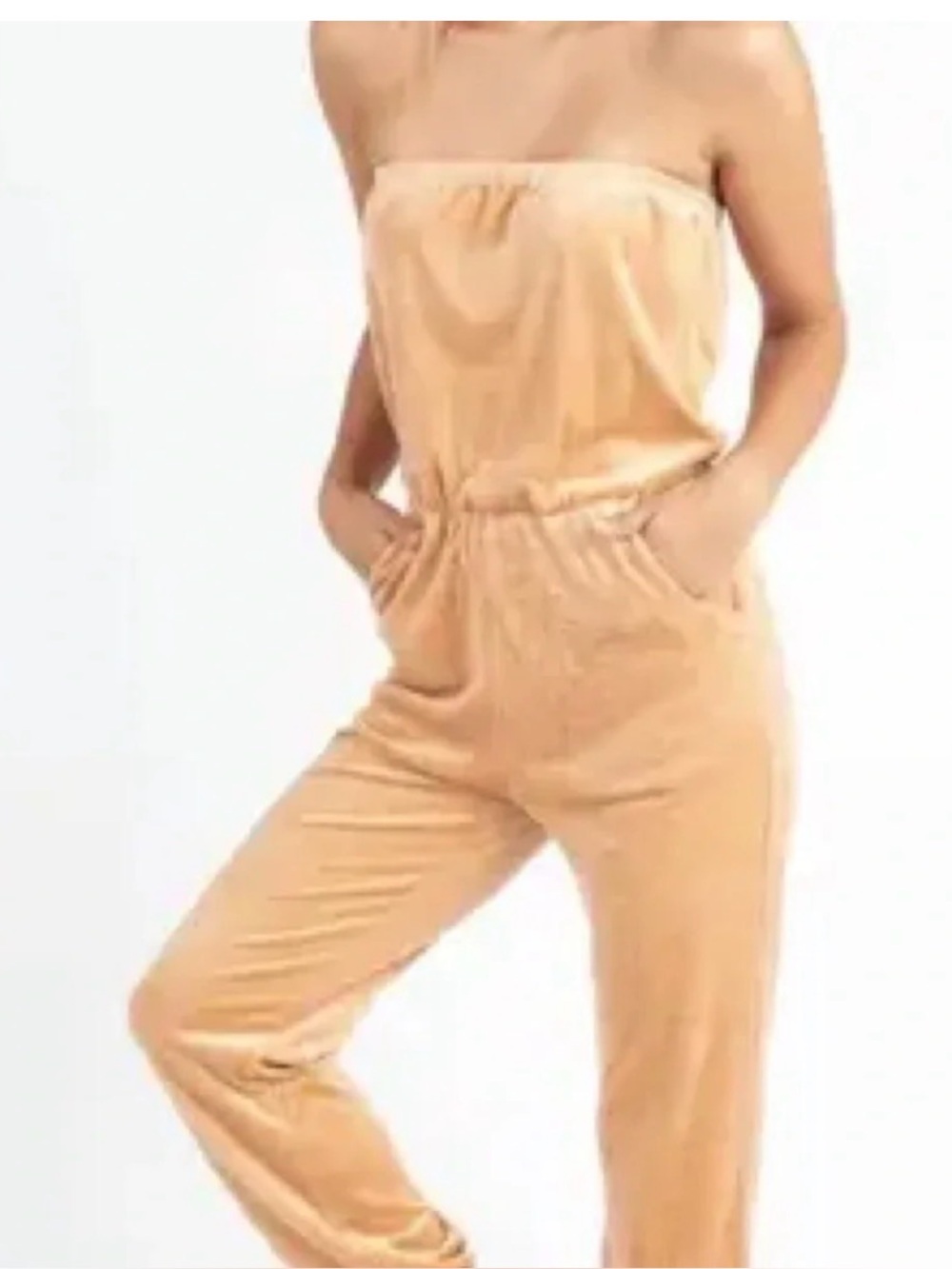 Kittenish XS Strapless Velvet Jumpsuit in Peach/Tan